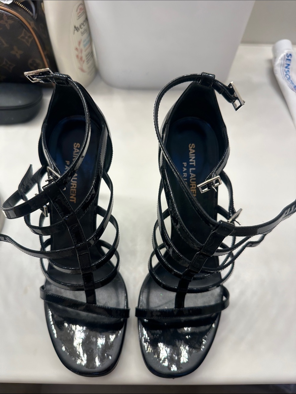 Saint Laurent Black Patent Multi-Strap Heeled Sandals